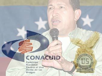 Президент Уго Чавес, логотипы венесуэльского и американского управлений по борьбе с наркотиками, иллюстрации с сайта wikipedia.org