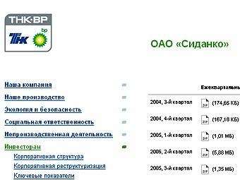 Скриншот страницы НК "Сиданко" на официальном сайте ТНК-ВР